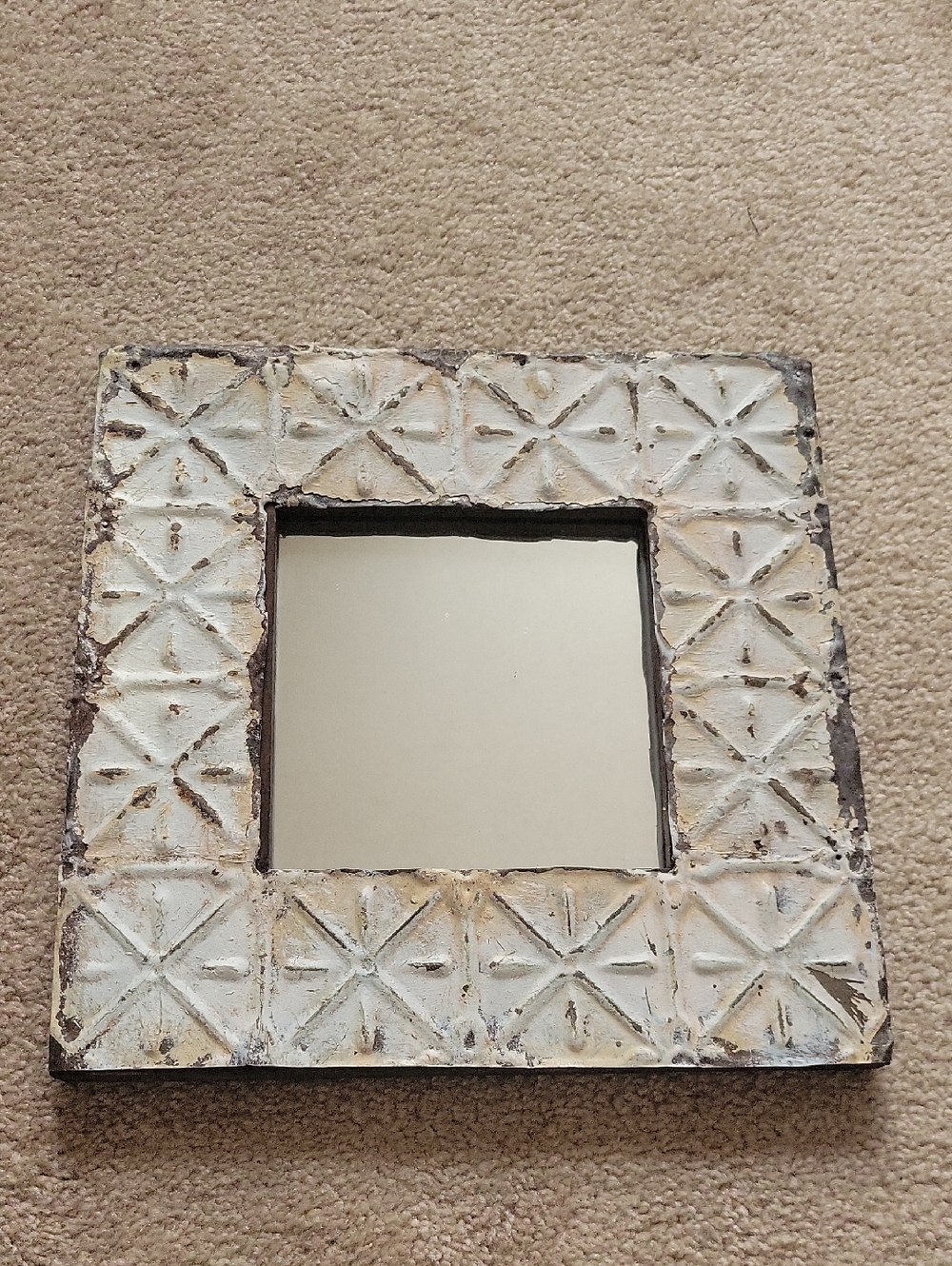 Distressed White Decorative Wall Mirror - Rustic Tile-Pattern Frame.